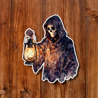 Illustration of a hooded Grim Reaper skeleton with a skull face holding a glowing lantern, rendered in dark, eerie watercolor tones on blue.