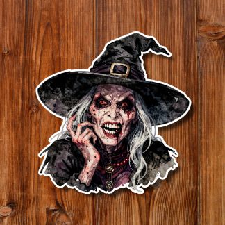 Gothic horror illustration of a snarling, pale witch with sharp fangs, long white hair, black pointed hat, and bloodied hands on blue.