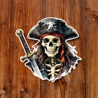 Grinning skeleton pirate wearing a black tricorn hat and red bandana, holding a sword against a light blue background; bold, adventurous tone.
