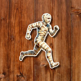 Illustration of a bandage-wrapped mummy running against a light blue background, conveying energetic motion with a playful, spooky tone.