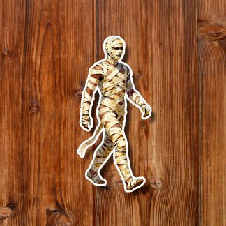 Illustration of a bandage-wrapped mummy walking on a light blue background, creating a playful, spooky Halloween-inspired mood.