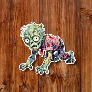 Cartoon zombie baby crawling on all fours across a warm wooden plank background, with green skin, bulging eyes, torn clothes, and a spooky yet playful tone.