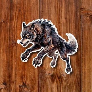A fierce illustrated gray wolf snarls and leaps across a warm wooden plank background, its fur bristling and tail raised, conveying wild energy.