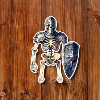 Sticker of a medieval skeleton knight with armor and shield, centered on rustic wooden planks; eerie yet whimsical Halloween-inspired tone.
