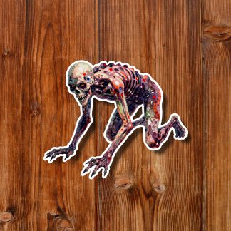 Sticker of a detailed skeletal rotting zombie in a crouching pose, with exposed bones and colorful muscles, set against warm wooden planks; eerie tone.
