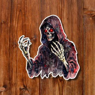 Hooded grim reaper skeleton sticker with a red-eyed skull and raised skeletal hands, set against rustic wooden planks; eerie, ominous tone.