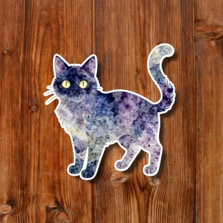 Watercolor-style gothic horror cat sticker with bright yellow eyes, fluffy raised tail, and purple-blue fur, displayed on a warm wooden plank background.