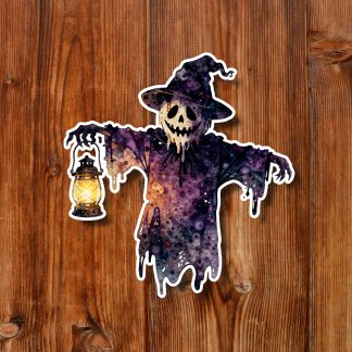 Spooky Halloween scarecrow sticker on a wooden plank background, wearing a witch hat and dripping purple robe, skull face, holding a glowing lantern.