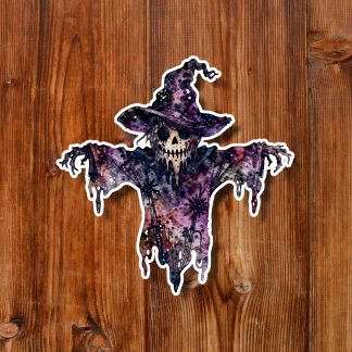 Spooky witch-shaped skeleton ghoul sticker in a dripping purple hat and ragged robe floats on warm wooden planks, creating an eerie yet playful mood.