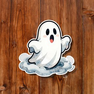 Cute white cartoon ghost with open mouth and raised arms floats on a gray-blue cloud against a rustic wooden plank background.