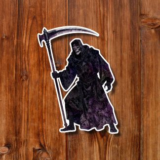 Sticker of a grim reaper in a dark hooded cloak holding a scythe, set against rustic wooden planks; ominous, gothic tone.