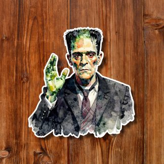 Watercolor illustration of Frankenstein’s monster in a dark suit, raising a green hand against warm wooden planks, creating an eerie mood.