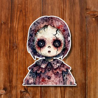 Watercolor-style eerie doll with cracked, stitched face and oversized dark eyes, wearing a floral dress, against a warm wooden plank background.
