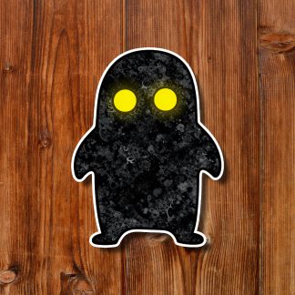 Spooky black shadow creature with glowing yellow eyes stands against a warm wooden plank background, creating an eerie mood.