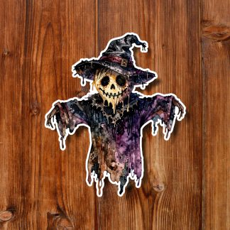 Spooky scarecrow sticker with a skull face, witch hat, and tattered dripping purple robe, centered on warm wooden planks; eerie Halloween mood.