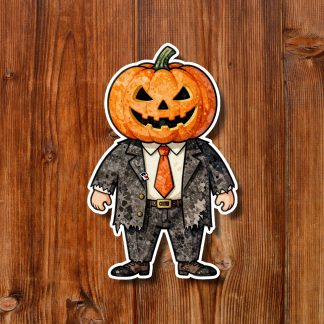 A grinning jack-o’-lantern-headed zombie in a tattered suit and orange tie stands against rustic wood, evoking a spooky Halloween mood.