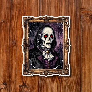 Ornate vintage portrait of a grim reaper with a skull, glowing red eyes, and black gothic attire, displayed on a rustic wooden wall.