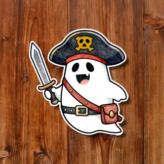 Cheerful cartoon ghost pirate with a skull hat, sword, belt, and satchel, smiling on a warm wooden plank background.