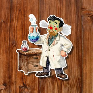 Vintage cartoon mad scientist in a white lab coat holds a bubbling flask beside a wooden cabinet, creating a playful, whimsical mood.