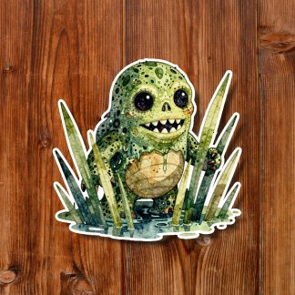 Cartoon green swamp monster frog with bulging eyes and sharp teeth crouches among reeds and puddles on a warm wooden background, eerie yet playful.
