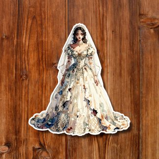 Ornate undead bride sticker on a rustic wooden background, showing a veiled woman in a richly detailed gothic ivory wedding gown with romantic elegance.