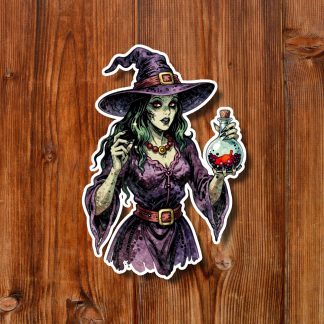 Illustration of a spooky green-skinned witch in a purple hat and dress, holding a bubbling red potion, against a rustic wood background.