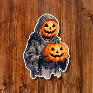 A spooky Halloween sticker shows a hooded ghost with a jack-o’-lantern head holding a second orange pumpkin against rustic wood.