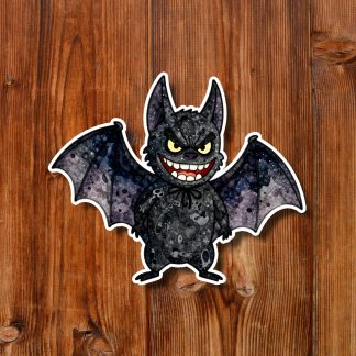 Cartoon black bat sticker with purple, outstretched wings, yellow eyes, and a toothy grin on a warm wooden plank background; spooky yet playful.