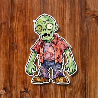 Cartoon zombie character with green skin, bulging eyes, torn red shirt, jeans, and sneakers, standing on a rustic wooden background.