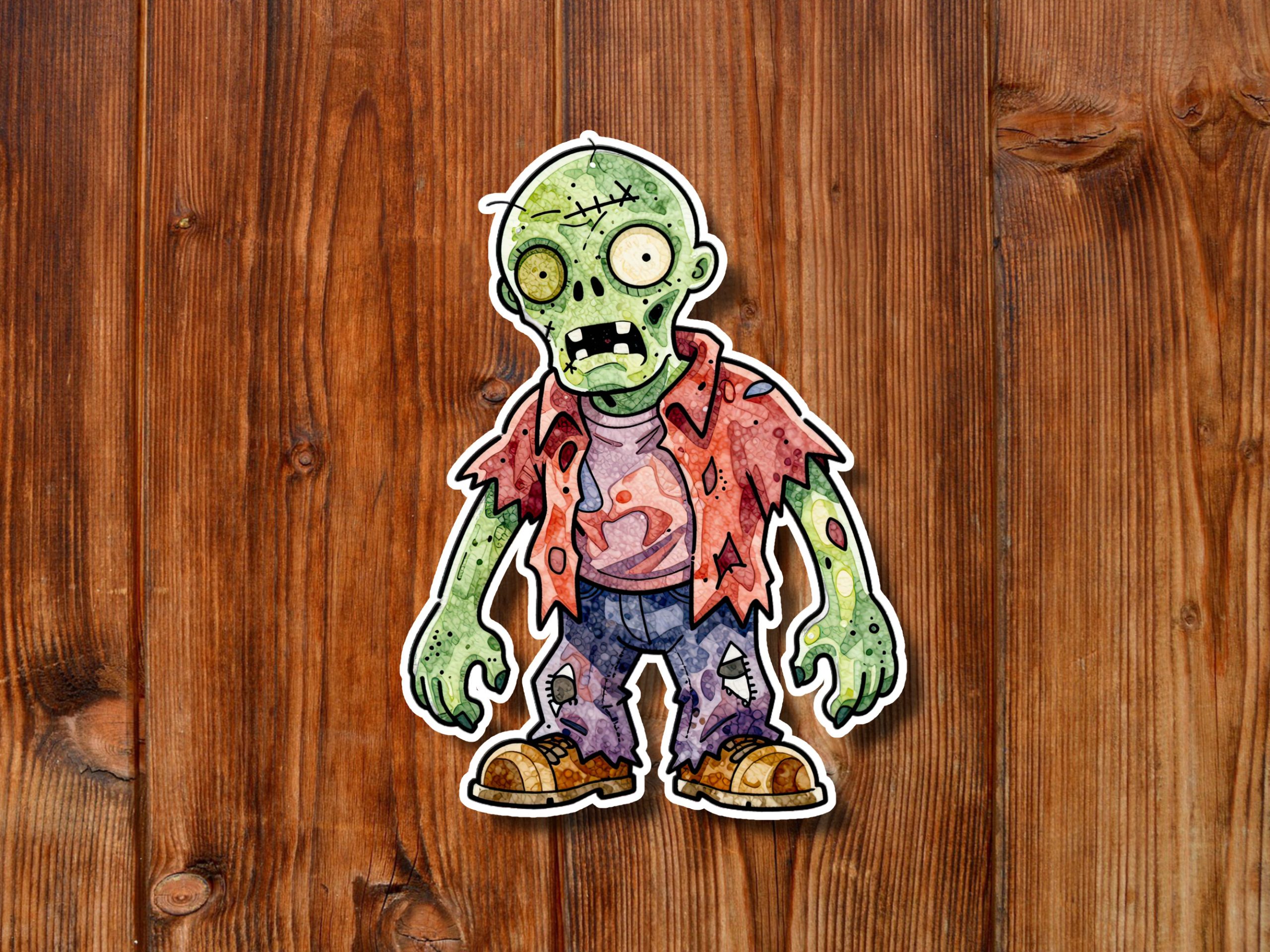 Cartoon zombie character with green skin, bulging eyes, torn red shirt, jeans, and sneakers, standing on a rustic wooden background.