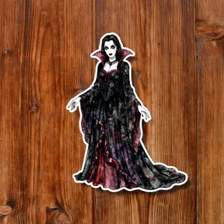 Gothic vampire woman sticker in a flowing black and red dress, posed against warm wooden planks; an eerie, dramatic mood.