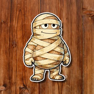 Cartoon mummy wrapped in beige bandages stands on a warm wooden plank background, with wide eyes and a cute, playful expression.