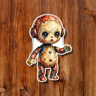 Vintage steampunk robot child sticker with oversized eyes and rusty details, standing on a warm wooden plank background; quirky, whimsical mood.