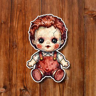 Illustrated creepy-cute rag doll with red hair, large black button eyes, and red overalls, seated against a rustic wooden plank background.