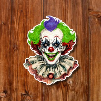 Vintage-style sticker of a sinister clown with green hair, purple crest, red nose, and ruffled collar on a wooden plank background.