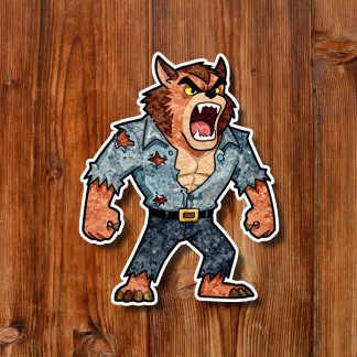 Cartoon werewolf sticker in a ripped denim jacket roars fiercely against a rustic wooden plank background, conveying wild energy and humor.