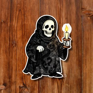 Sticker of a cloaked skeleton with a skull face, holding a glowing candle, on rustic wood; an eerie yet whimsical Halloween scene.