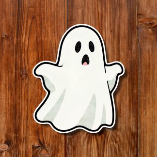 Cute white cartoon ghost sticker with black oval eyes and open mouth, floating on a rustic brown wooden plank background; playful Halloween mood.