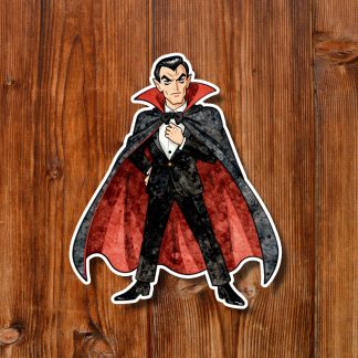 Cartoon vampire Dracula in a black suit and red-lined cape poses confidently on a rustic wooden background, creating a spooky yet playful mood.