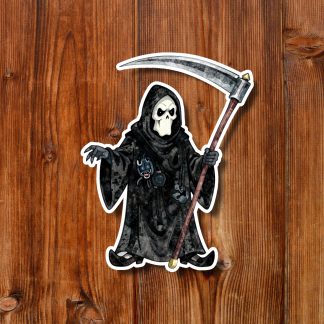 Sticker of a grim reaper in a black hooded robe holding a curved scythe, set against warm wooden planks; spooky, dark-humored tone.