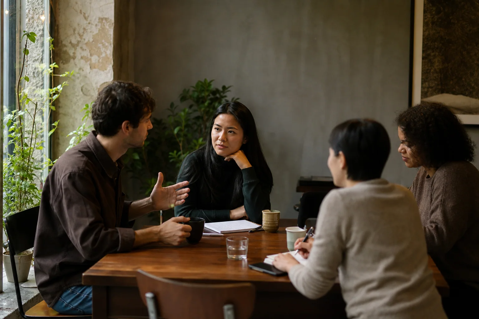 Grupo de adultos conversa em inglês em um café cultural, enquanto um participante anota discretamente expressões úteis após a conversa.