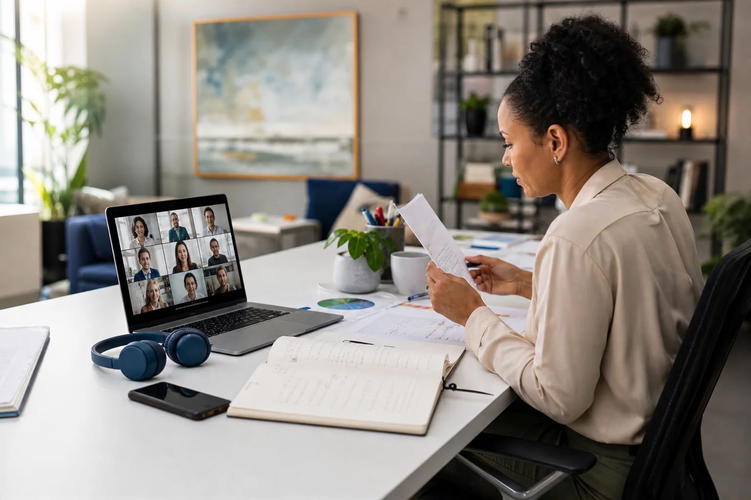 Profissional em ambiente de trabalho moderno participa de reunião online e consulta materiais, representando o uso prático do inglês em tarefas do dia a dia.