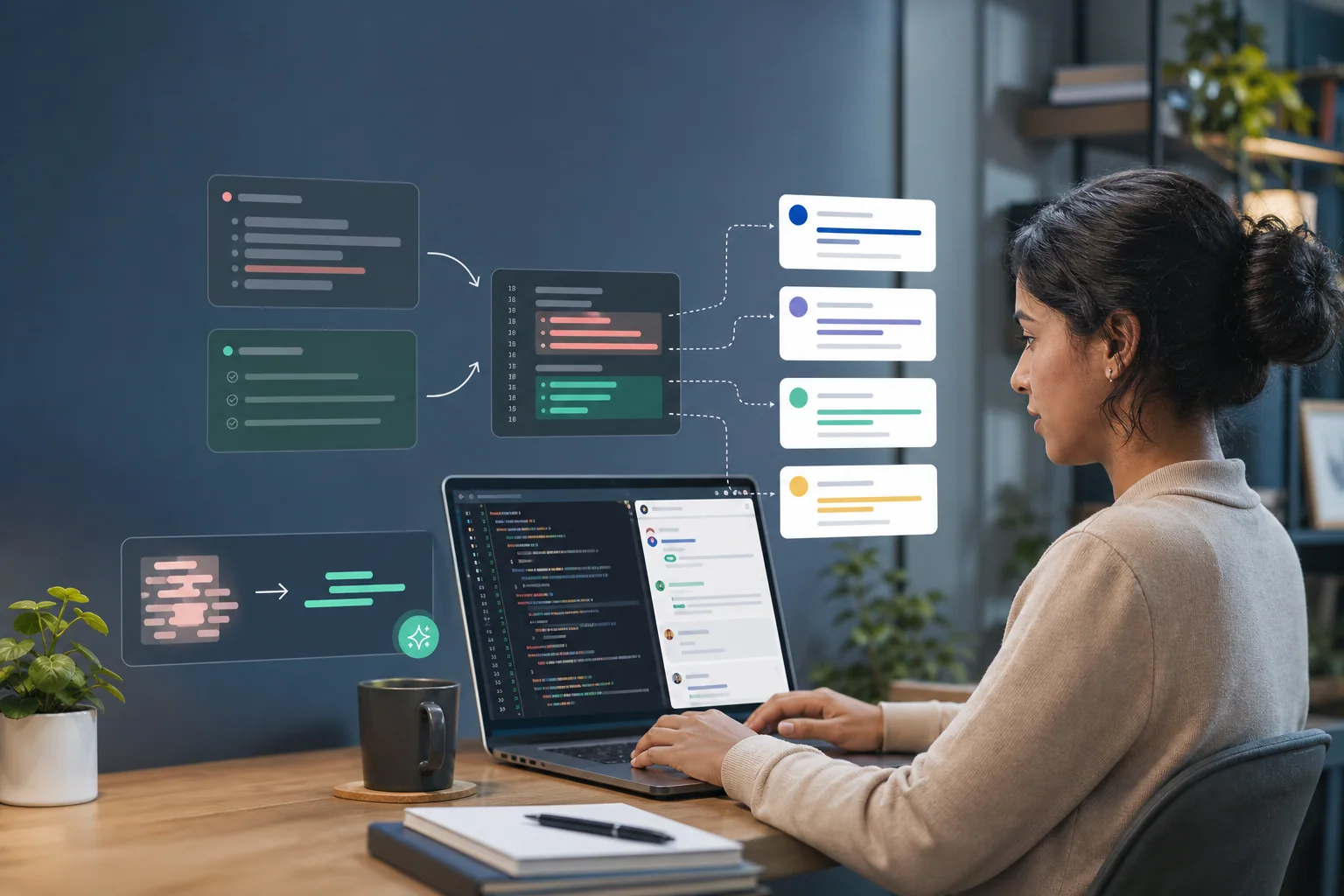Imagem destacada em formato horizontal mostrando um ambiente de trabalho de desenvolvimento com laptop, código, elementos visuais de revisão e documentação, simbolizando comunicação clara em inglês no dia a dia dev.