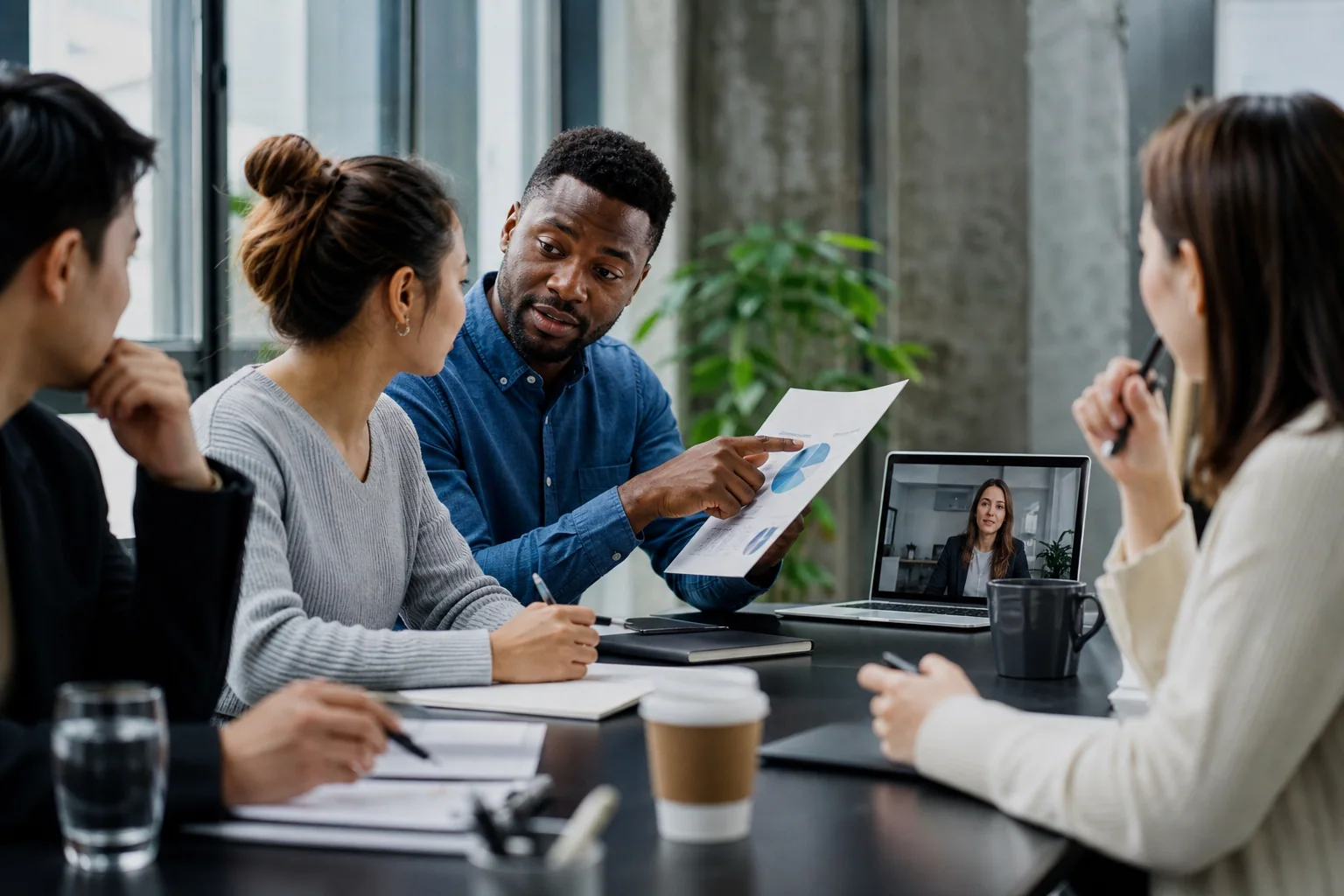 Profissionais em uma reunião de trabalho híbrida, conversando e revisando materiais em um escritório moderno.