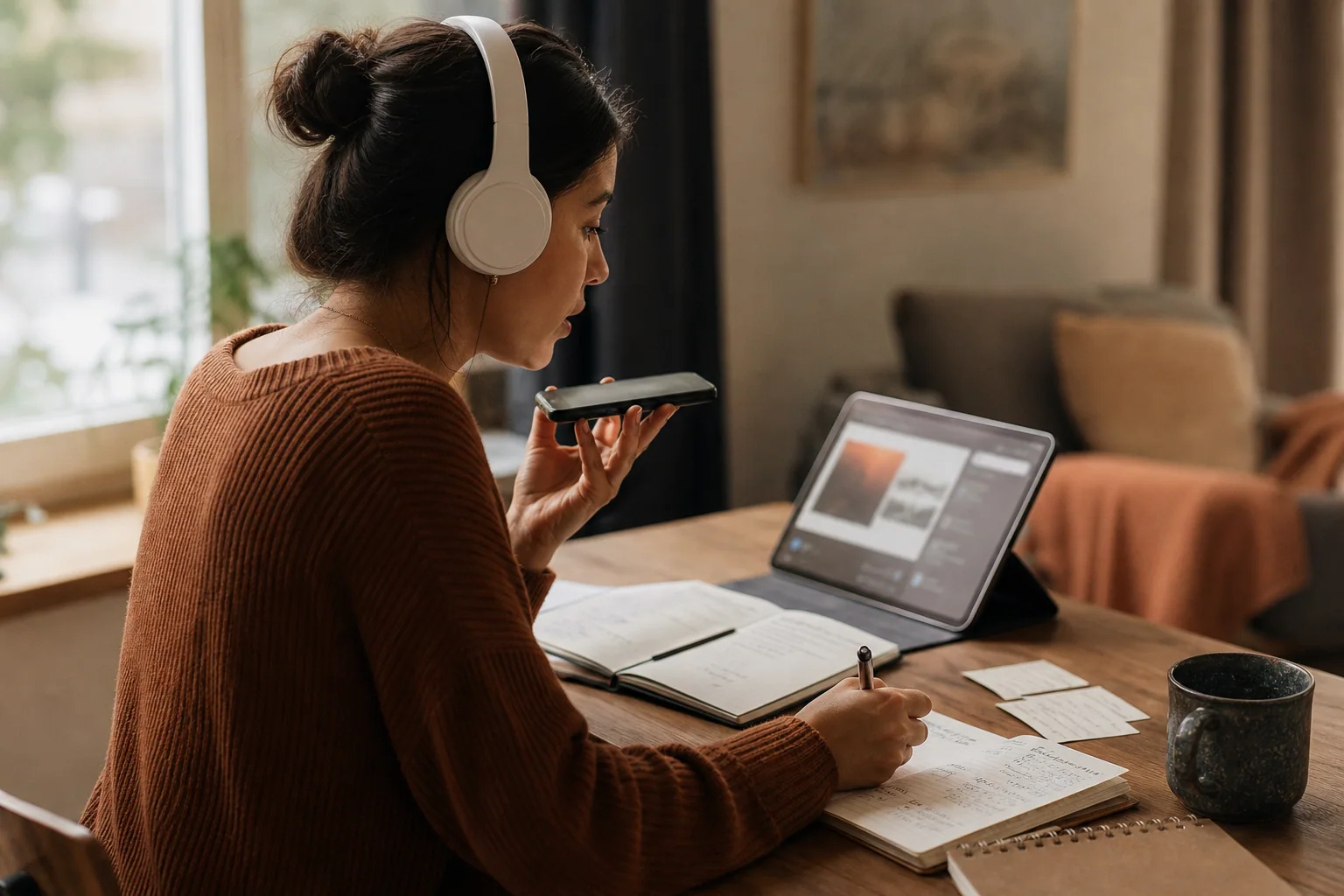 Pessoa estudando inglês sozinha em casa em uma mesa organizada, com caderno, fones e dispositivo digital, em uma rotina curta e focada.