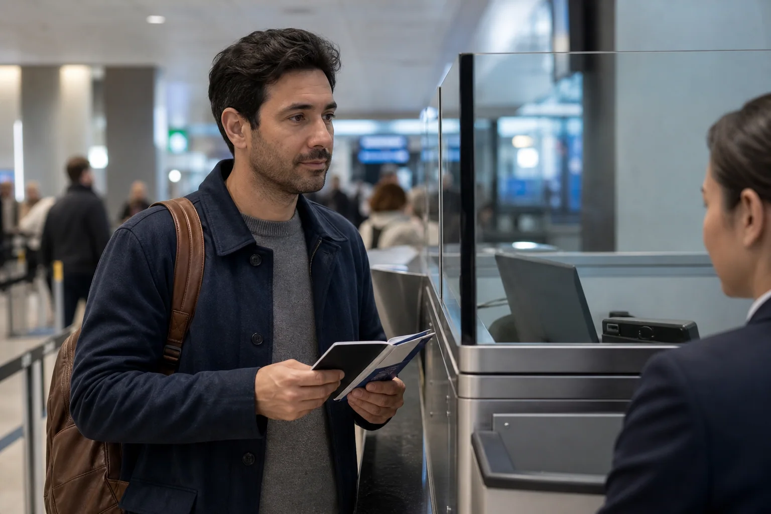 Viajante em balcão de controle de passaporte em aeroporto internacional, mostrando documentos durante uma entrevista breve de chegada.