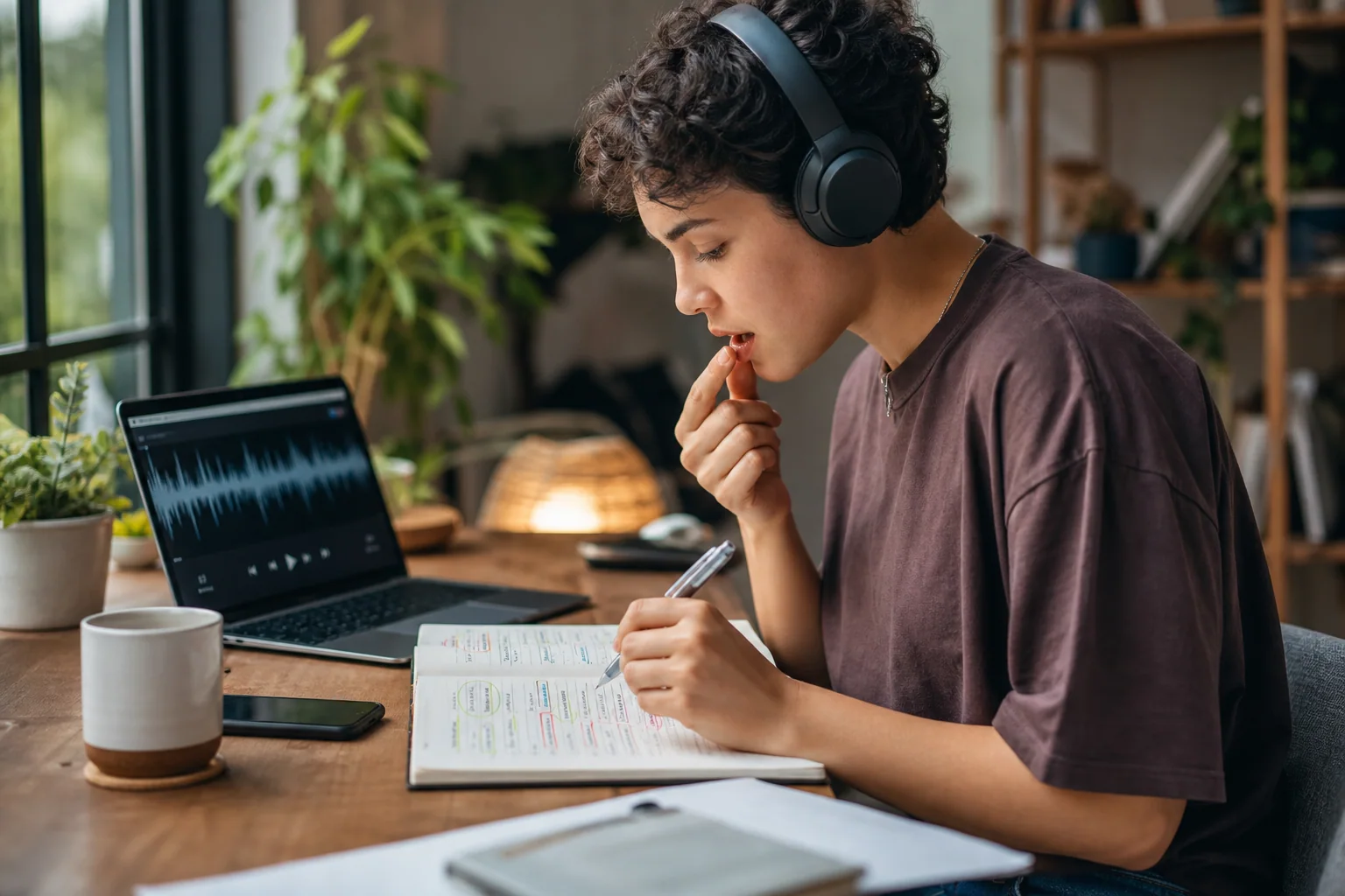 Pessoa estudando inglês com música de forma ativa, ouvindo um trecho com fones, anotando padrões sonoros e repetindo em voz alta em um ambiente de estudo.