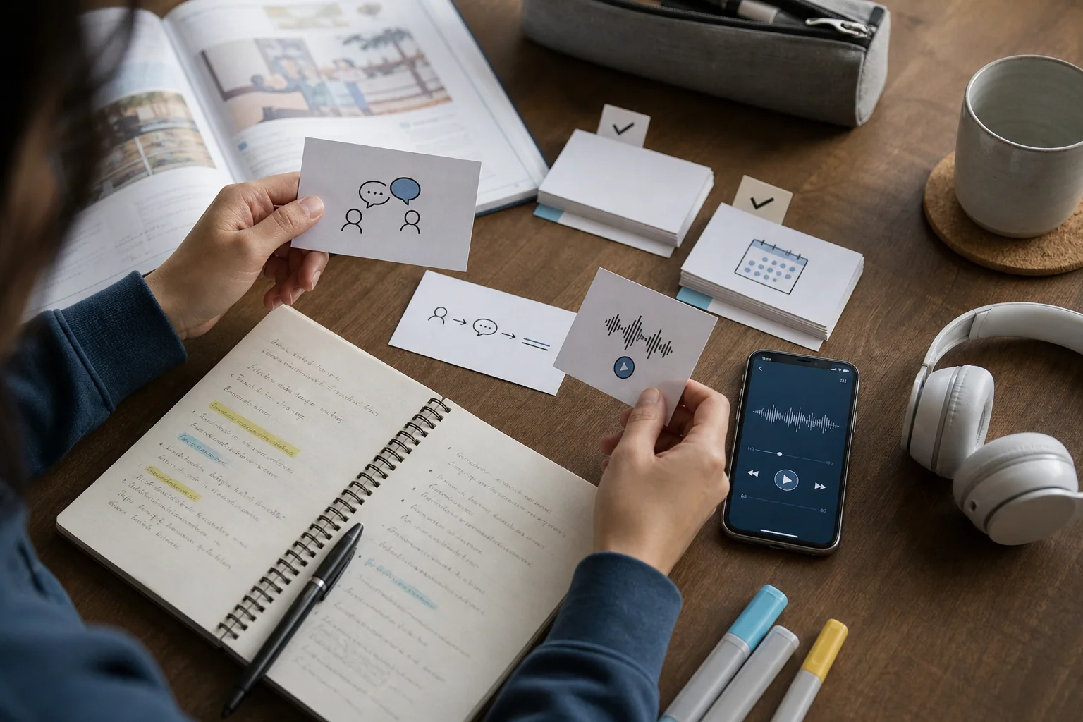 Mesa de estudo com flashcards organizados em contexto, caderno, celular com áudio e fones, mostrando revisão ativa de inglês.