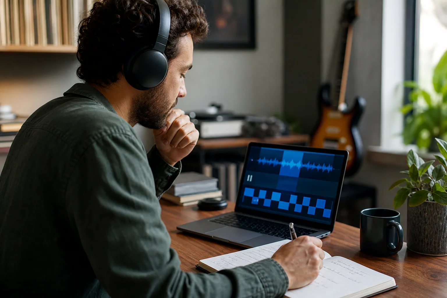 Pessoa estudando inglês com música em uma mesa, usando fones e fazendo anotações enquanto ouve um trecho curto no notebook.