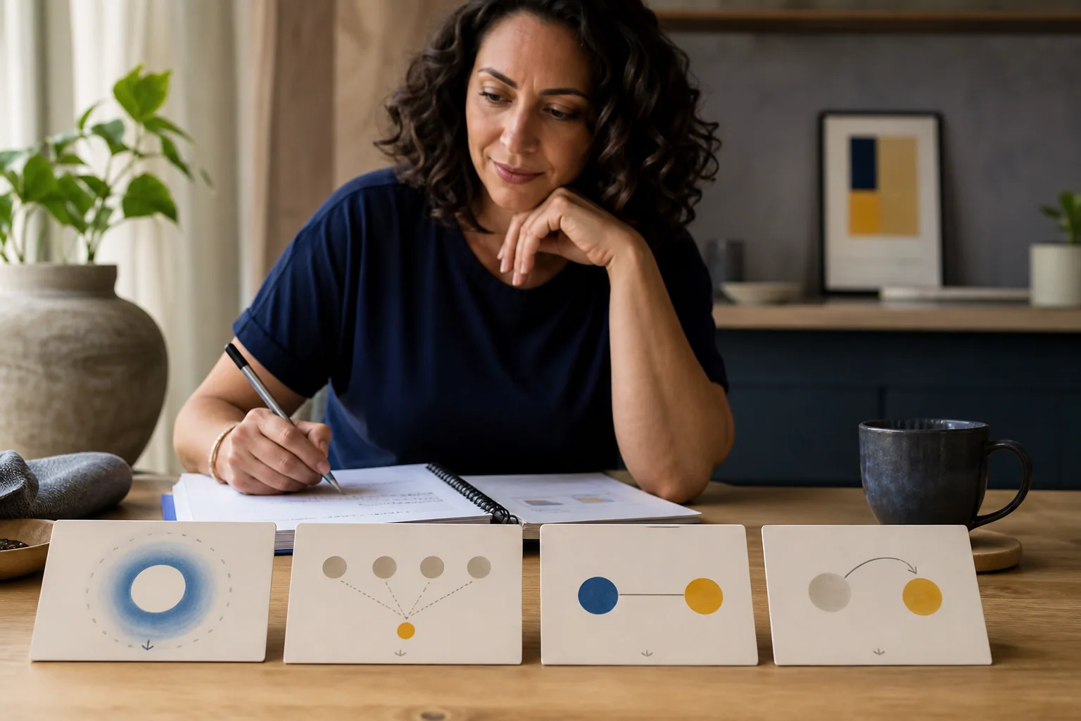 Pessoa estudando inglês em uma mesa organizada com objetos abstratos que sugerem diferentes funções de palavras em contexto.